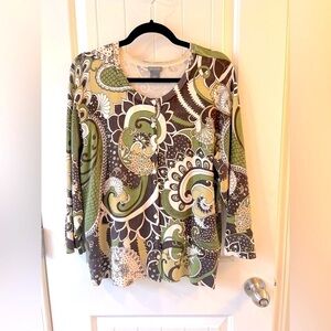 Ann Taylor Cardigan Size XL Paisley Print Green, Brown and Cream Cotton Silk